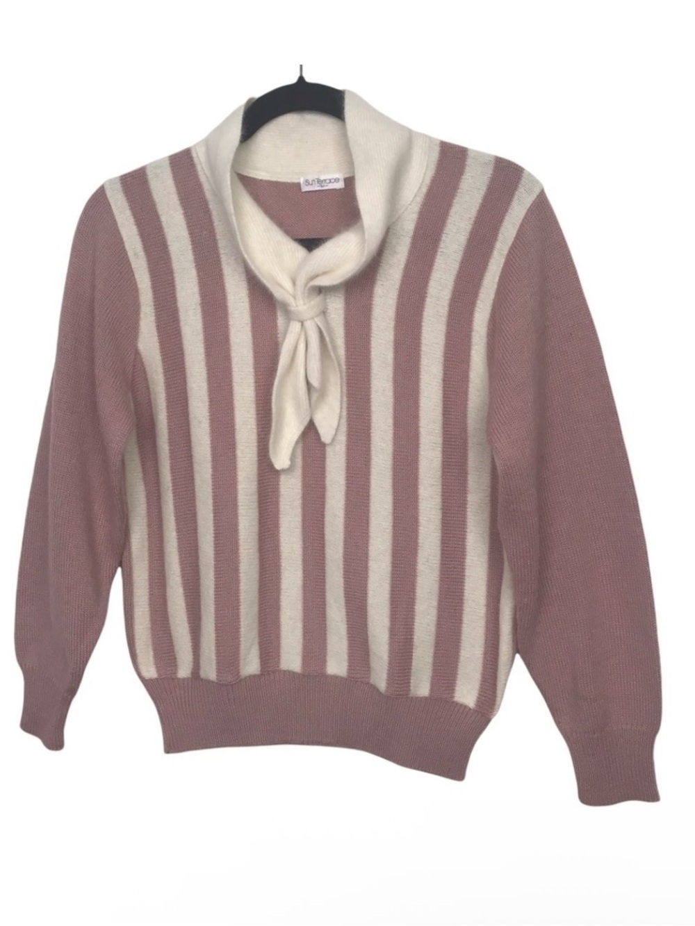 Sun Terrace Pink Ivory Vertical Striped Tie Neck Sweater